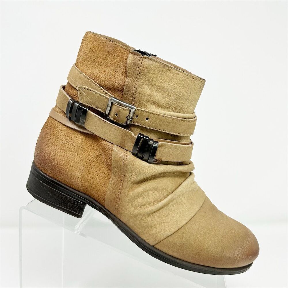 Miz Mooz Beige Leather Ankle Boots Size 39 (US 8.5-9) Strappy Buckle Ruched